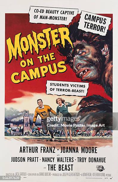 Poster for Jack Arnold's 1958 horror film 'Monster on the Campus' starring Arthur Franz and Joanna Moore.