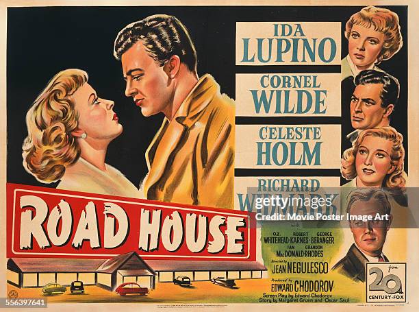 Poster for Jean Negulesco's 1948 action film 'Road House' starring Ida Lupino, Celeste Holm, Richard Widmark, and Cornel Wilde.