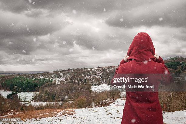 backview of woman looking at landscape, clent hills, worcestershire, uk - parka cappotto invernale foto e immagini stock