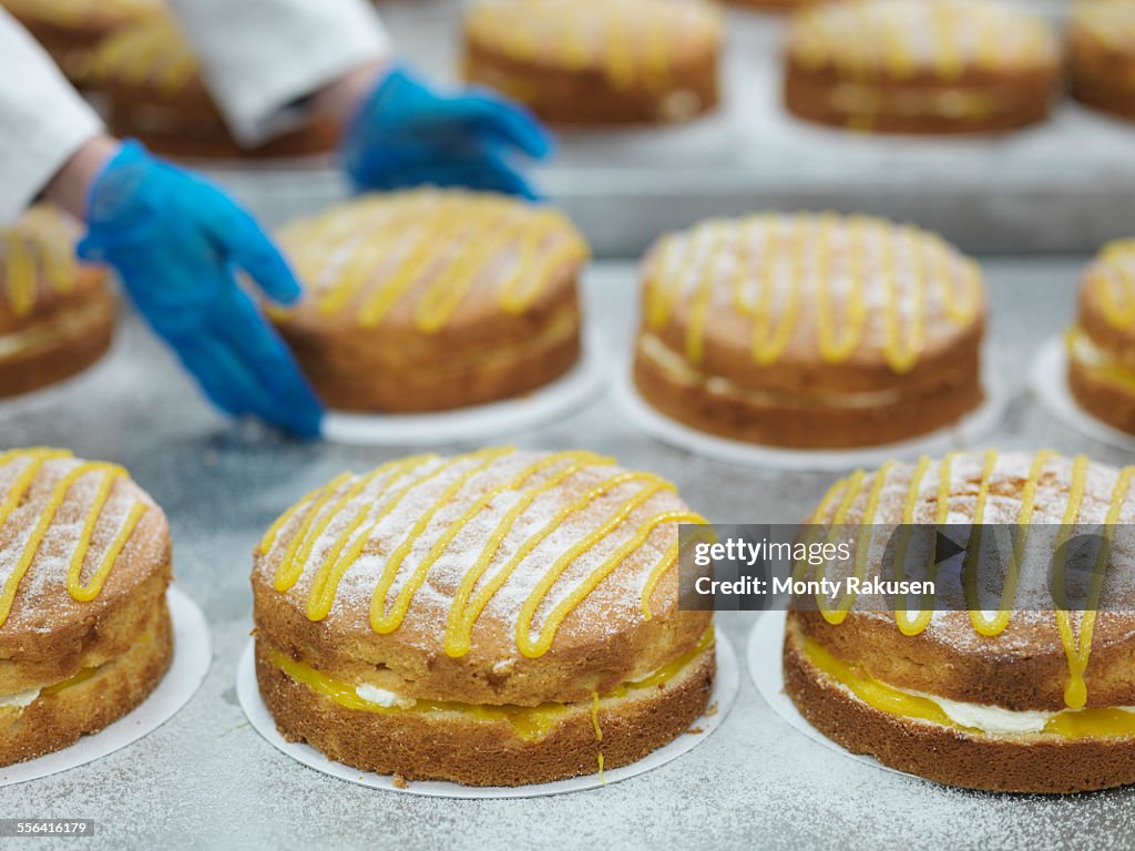 Male worker handling cakes in cake factory