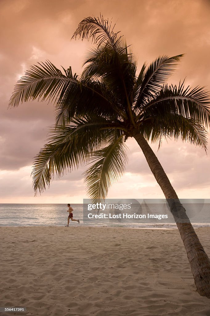 Man jogging on beach at sunrise, Negril, Jamaica