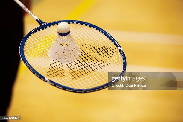 shuttlecock on top of badminton racket - badminton stock pictures, royalty-free photos & images