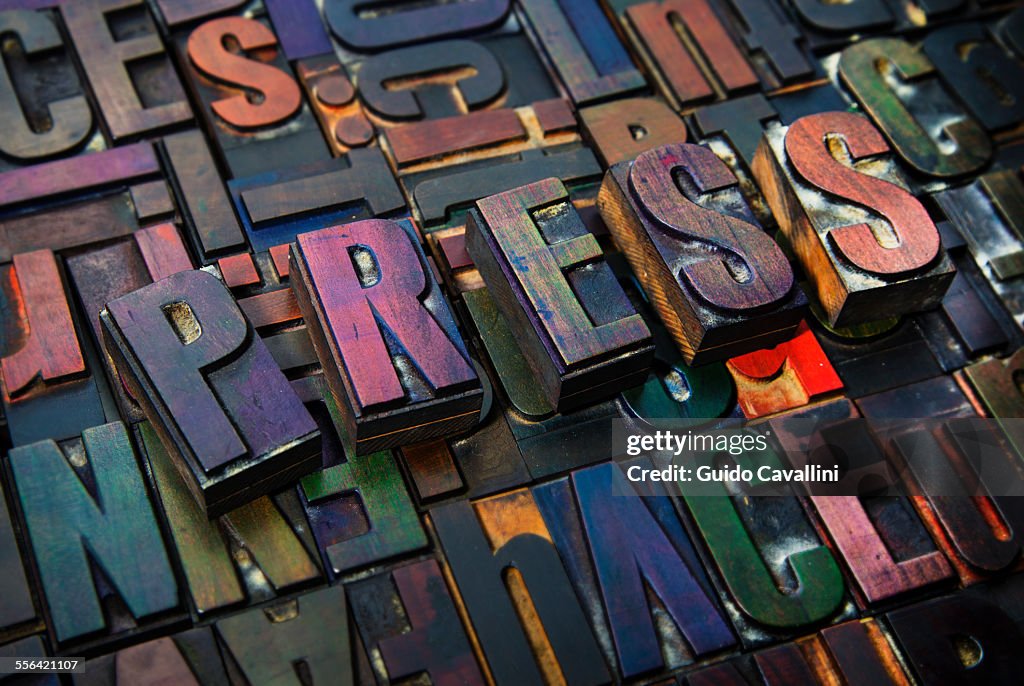 Letterpress letters spelling the word Press