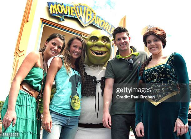 Shrek and Princess Fiona with Home And Away stars Jodi Gordon Sharni Vinson and Paul Obrien attends the opening of Shrek 4D Adventure at Warner...