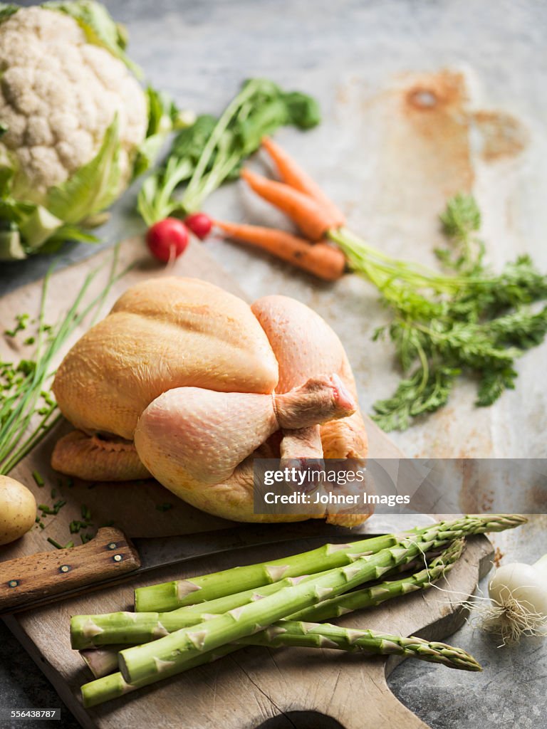 Raw chicken on chopping board