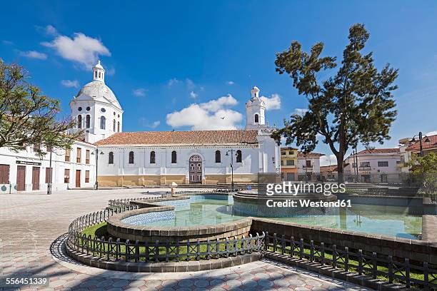ecuador, cuenca, view san sebastian church with fountain in the foreground - cuenca ecuador stock pictures, royalty-free photos & images