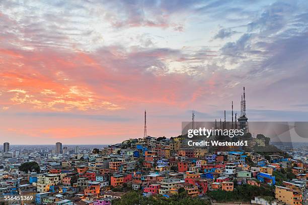 south america, ecuador, guayas province, guayaquil, las penas, cerro santa ana, city view at sunset - guayaquil stock pictures, royalty-free photos & images