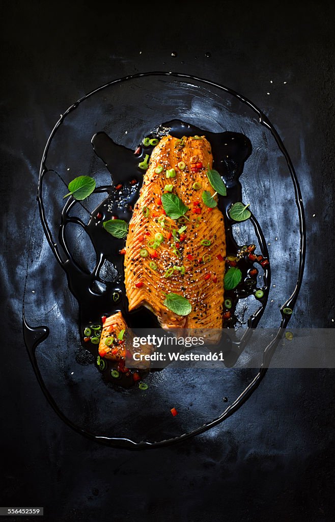 Foodart, salmon with hot pepper, red chilli black sesame, spring onion, paprika, herbs, oil and marinade