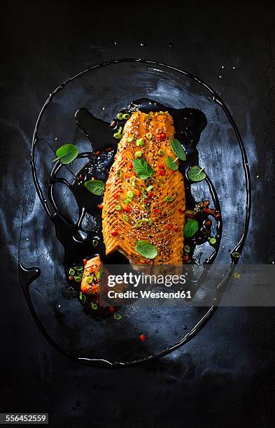 foodart, salmon with hot pepper, red chilli black sesame, spring onion, paprika, herbs, oil and marinade - food photography stock pictures, royalty-free photos & images