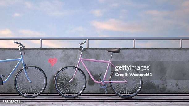 stockillustraties, clipart, cartoons en iconen met two bicycles leaning against wall with painted heart, 3d rendering - leunen