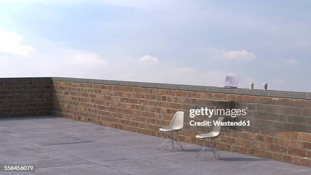 two chairs on roof terrace with laptop and coffee to go, 3d rendering - building terrace stock illustrations