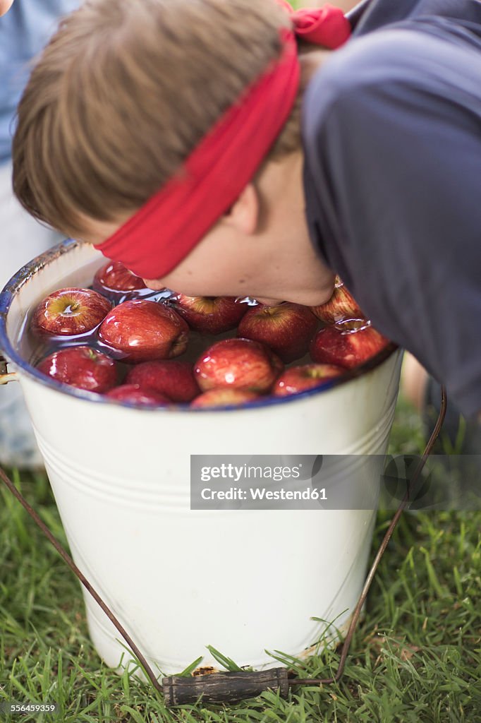 Blindfolded boy trying to take apple out of bucket with water