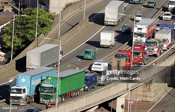 Fuel protesters from South Wales Hauliers Association stage a 20mph rolling blockade along a 100 miles of the M4 motorway from Crosshands, near...