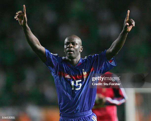 Lilian Thuram of France celebrates following the FIFA World Cup 2006 Qualifying Match between Ireland and France at Lansdowne Road on September 7,...