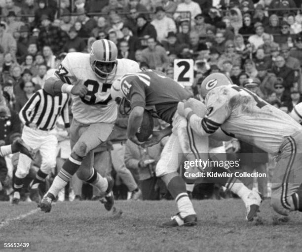 Defensive lineman Willie Davis, of the Green Bay Packers, tries to stop runningback Tom Matte, of the Baltimore Colts, during a game on November 5,...