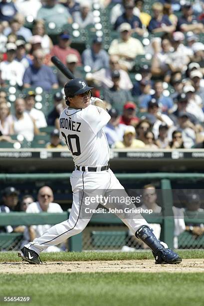 Magglio Ordonez of the Detroit Tigers bats during the game against the Boston Red Sox at Comerica Park on August 17, 2005 in Detroit, Michigan. The...