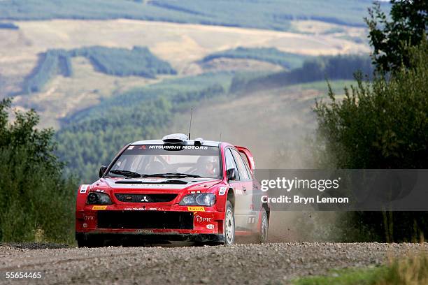 Gianluigi Galli of Italy and Mitsubishi in action during the first day of the Wales Rally GB in Trawscoed Forest on September 16, 2005 in Swansea,...