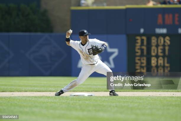 Placido Polanco of the Detroit Tigers fields during the game against the Boston Red Sox at Comerica Park on August 17, 2005 in Detroit, Michigan. The...