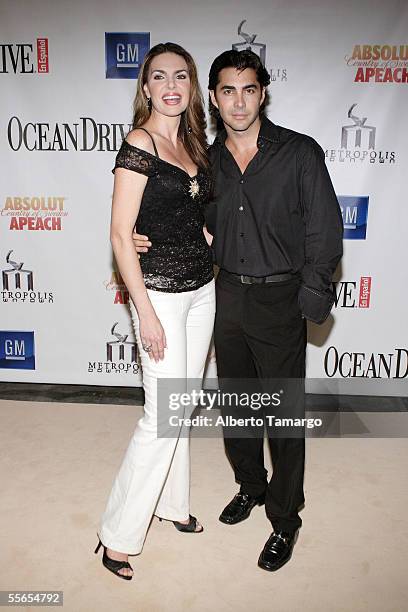 Ex-Miss Universe Barbara Palacios and Designer Nicolas Felizola pose at Metropolis Downtown where Ocean Drive en Espanol's "Edicion de Musica"...