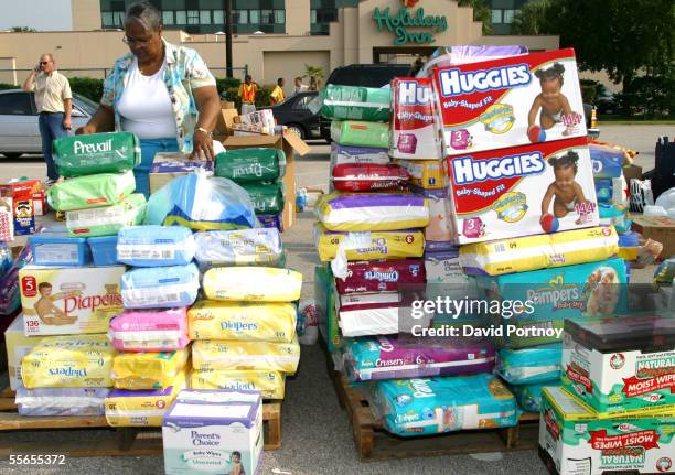 Diapers and baby wipes donated by Texas residents to aid New Orleans evacuees of Hurricane Katrina in Houston, Texas on September 1, 2005.