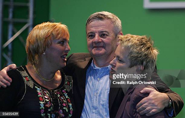 Joschka Fischer , German Foreign Minister and top candidate of the Green Party, party leader Claudia Roth and German Minister for Consumer...
