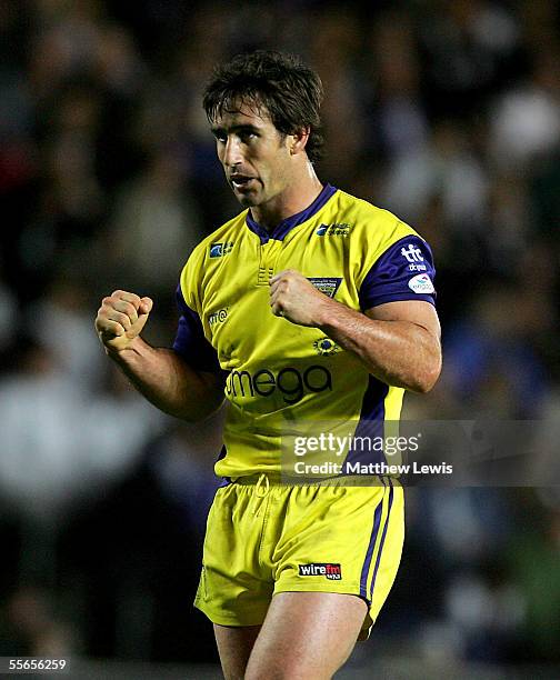 Andrew Johns of Warrington celebrates after setting up a try during the Engage Super League match between Hull FC and Warrington Wolves at the KC...