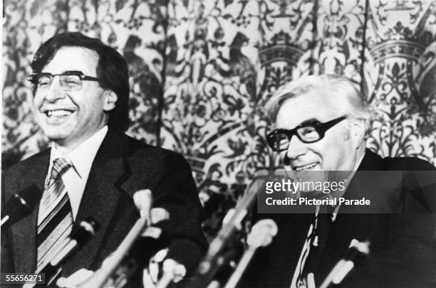 British physiologist Robert Edwards and biologist Patrick Steptoe , the medical pioneers responsible for in vitro fertilization, smile at a press...