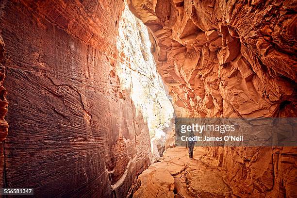 female hiker walking through red cave - avventura foto e immagini stock