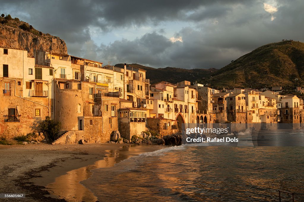 Old town of Cefalu at sunset