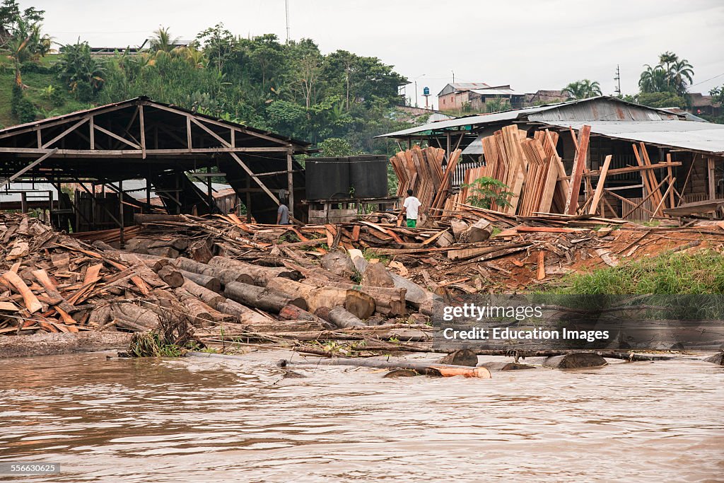 Logs outside sawmill in town of Nauta, Peru.