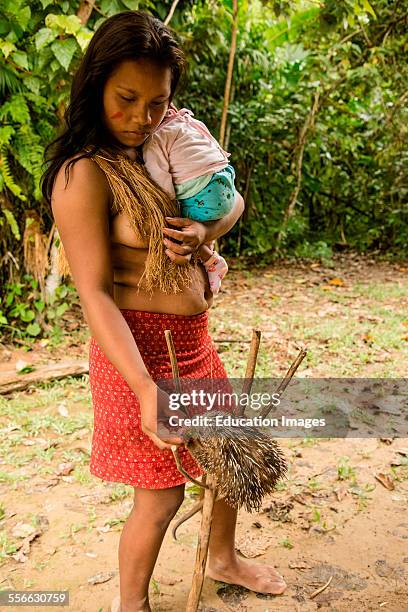 Woman with baby feeds pet porcupine in village on the Amazon River, Peru.