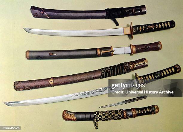 Collection of 14th Century Japanese Katana, Wakizashi, Tanto, and Samurai swords.