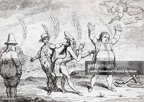Satirical etching by James Gillray about the Treaty of Paris, signed at the end of the American Revolution, as well as the War of the Spanish...