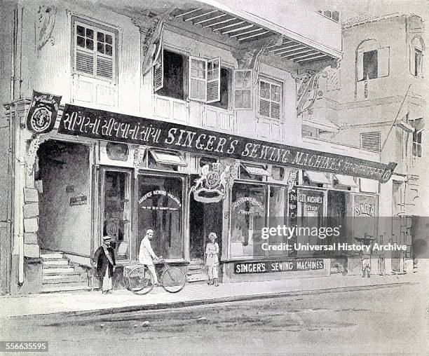 Illustration of the Singer Sewing Machine Office in Bombay, India. By Carrie Syphax Watson. Dated 1897.