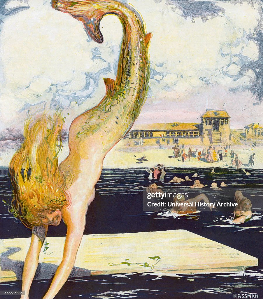"The Pursuit" by artist Carl Hassman, (1869-1933). Illustration shows a mermaid diving into the water at a beach and several men swimming after her, New York, August 24, 1910.