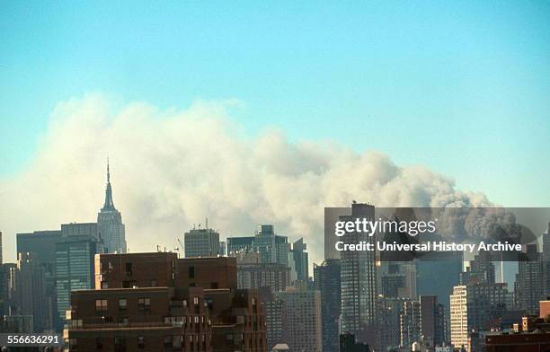 The September 11 Islamic terrorist group al-Qaeda attacks on New York City, September 11, 2001. Two of the planes, were crashed into the North and...