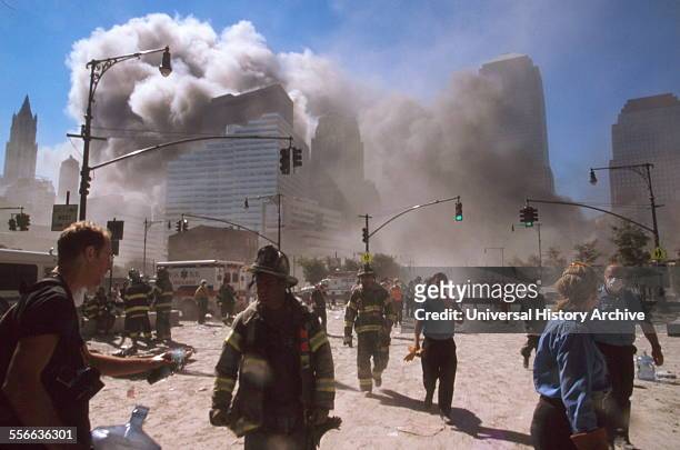 The September 11 Islamic terrorist group al-Qaeda attacks on New York City, September 11, 2001. Two of the planes, were crashed into the North and...
