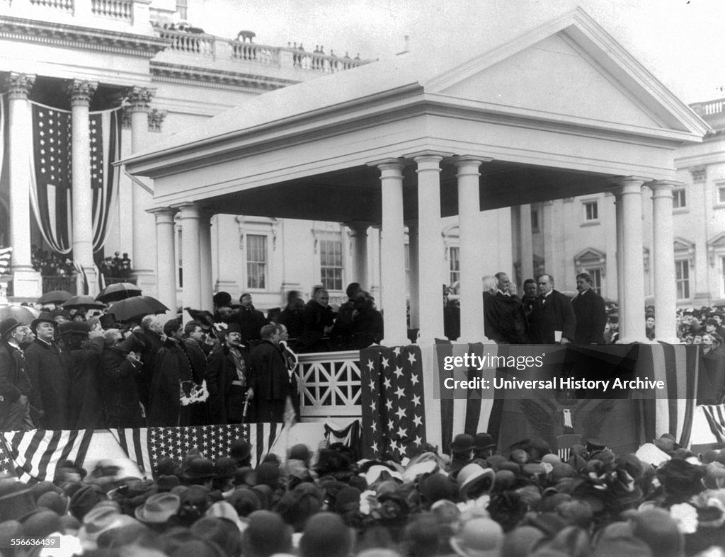 Photograph of President William McKinley (1843-1901) taking the Presidential Oath of Office outside the White House. Photographed by Frances Benjamin Johnston (1864-1952). Dated 1897.