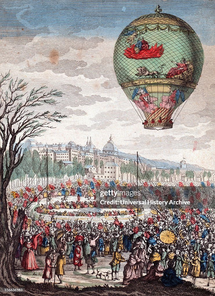 Hand-Coloured etching of the balloon, "Le Flesselles" ascending over Lyon, France, carrying seven passengers including Joseph Montgolfier and Jean François Pilâtre de Rozier. Dated 1784.