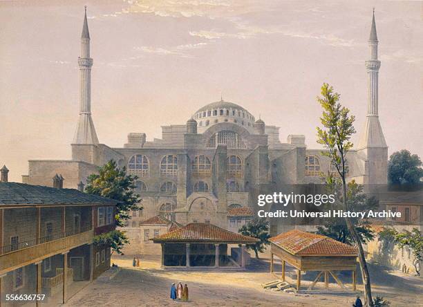 Colour lithograph of the Madrasah courtyard and exterior of Ayasofya Mosque, formerly the Church of Hagia Sophia. Ancient Greek ablution fountains in...