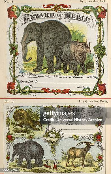 Highly coloured educational 'Reward Cards' for American children who have achieved high levels in school during the early 20th Century. Dated 1905.