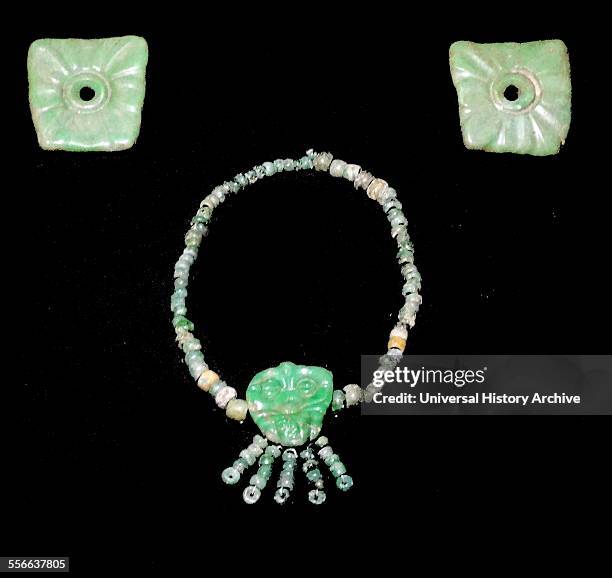 Mayan jade pendant and collar from Calkmul, Campeche, Mexico, 600-900 AD.