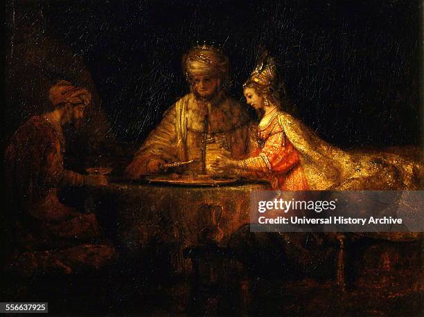 Rembrandt Harmenszoon van Rijn's painting titled 'Ahasuerus and Haman at the Feast of Esther'. Rembrandt Dutch painter and etcher of the Dutch Golden...