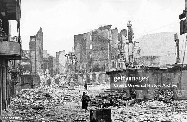 The Spanish town of Guernica, after the bombing by German and Italian aircraft, 1937.