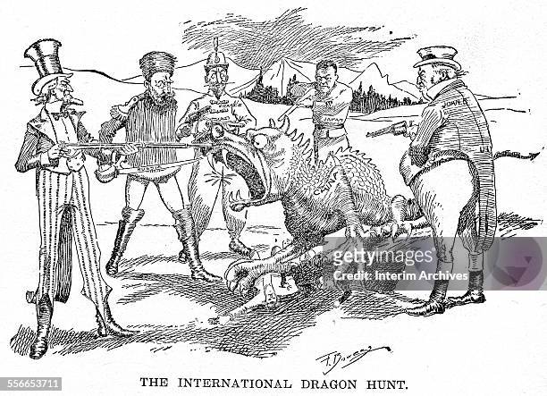 Political cartoon shows China, in the form of a dragon, surrounded by the armed figures of, from left, the United States, Russia, France, Japan, and...