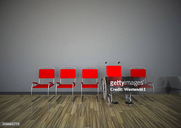 stockillustraties, clipart, cartoons en iconen met red chairs with wheelchair in a room, 3d rendering - waiting