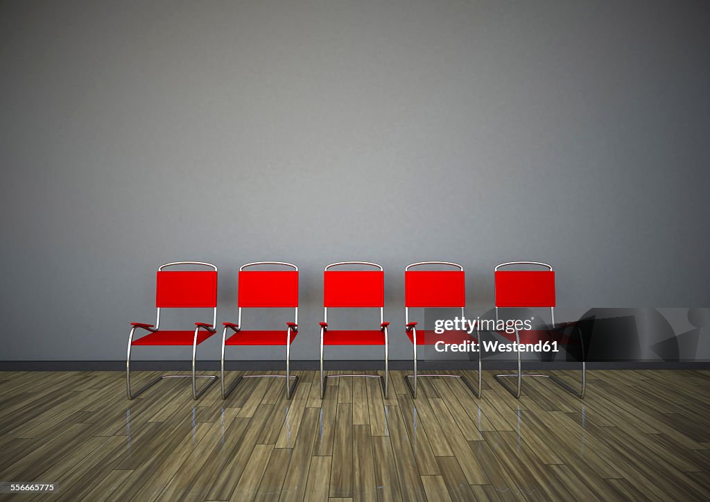 Row of five red chairs in front of a grey wall, 3D Rendering