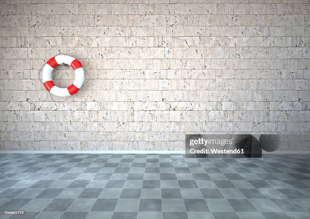 Live saver hanging on natural stone wall in room with checkerboard pattern floor, 3D Rendering
