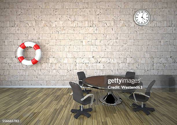 live saver and clock hanging on natural stone wall in a meeting room, 3d rendering - clock on wall stock illustrations