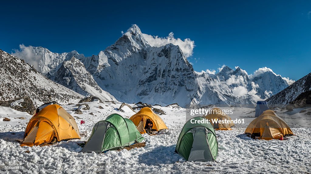 Nepal, Khumbu, Everest region, Ama Dablam from high camp on Pokalde peak